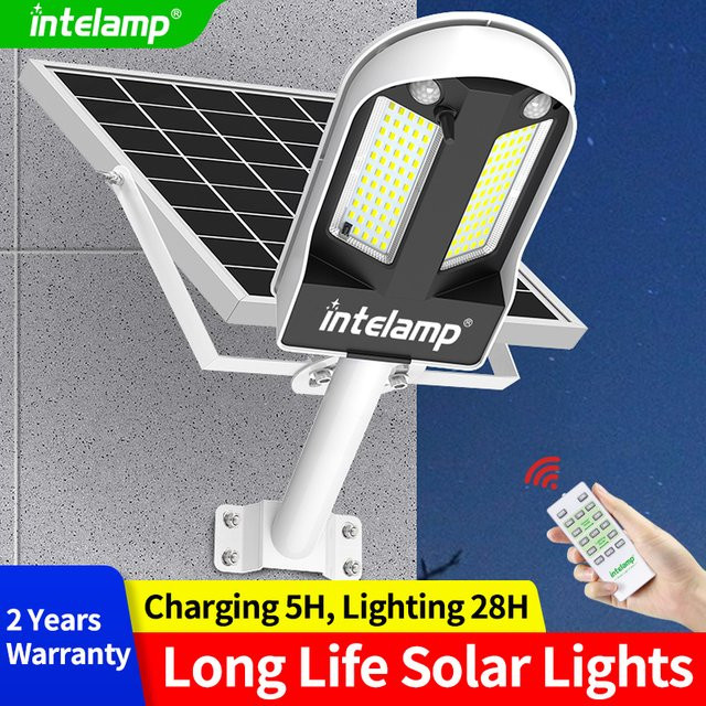 Intelamp Solar-Straßenleuchte mit 12500mAh Akku, großem Solarpanel und zwei 180° Bewegungssensoren, wasserdicht für Garten, Hof und Garage - Bild 1
