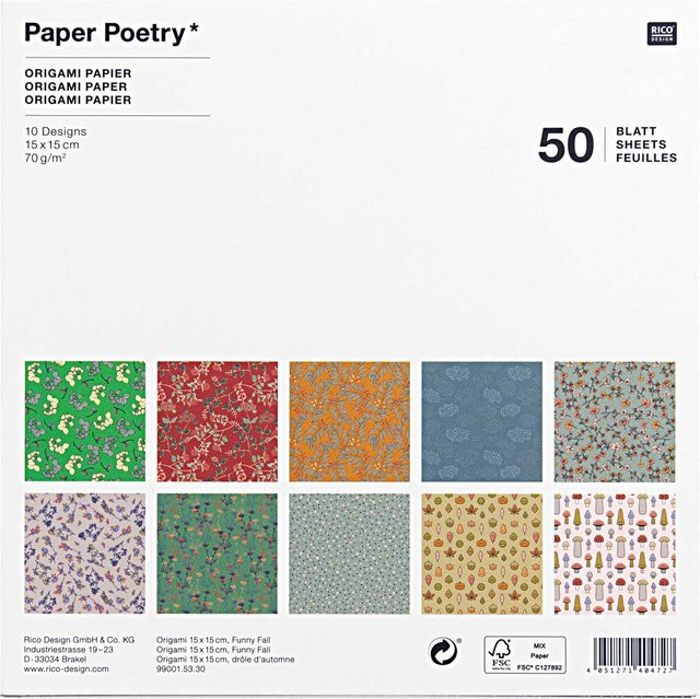 Rico Design Origami Bastypapier Paper Poetry Funny Fall, 50 Blatt, Mehrfarbig (Erdtöne, Senfgelb, Flieder), 15 x 15 cm - Bild 1