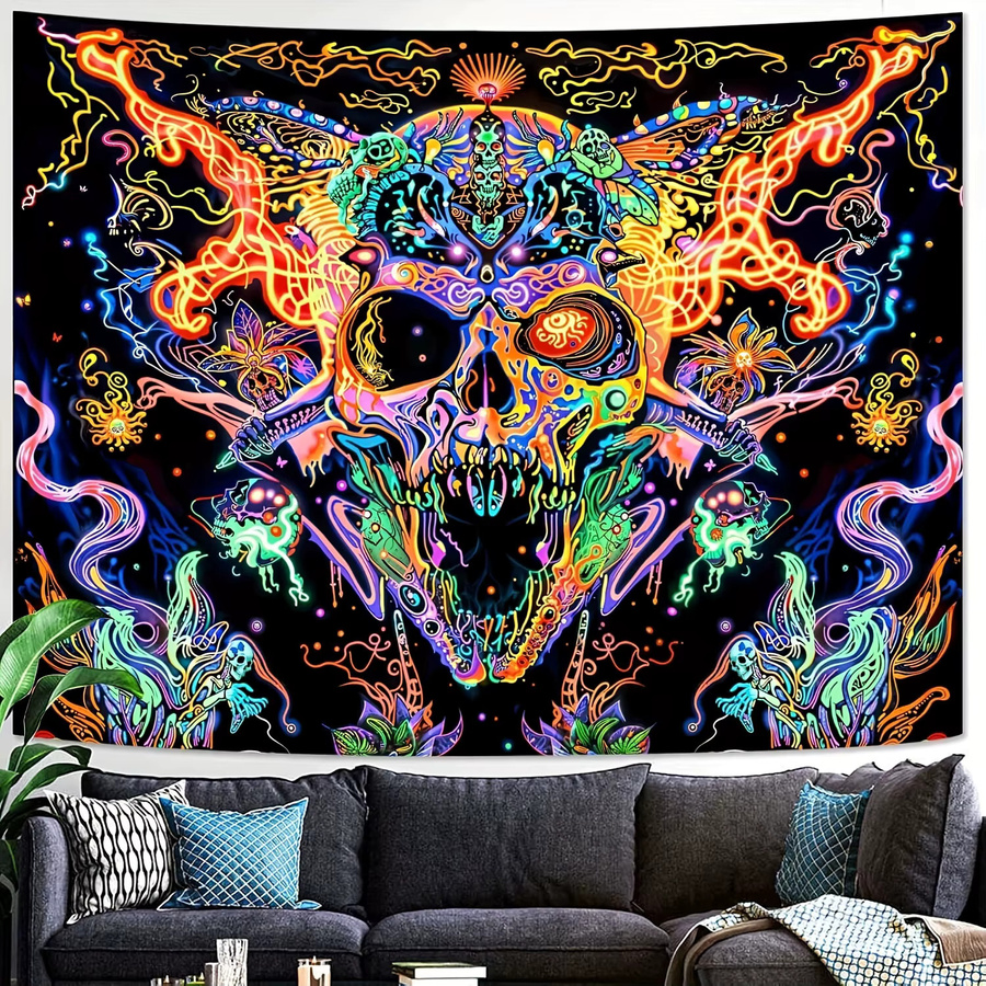 VIKAMA Wandteppich mit psychedelischem Totenkopf, Flammen, Schmetterlingen und floralen Mustern, Mehrfarbig, B/H: 60 x 40 cm - Bild 2