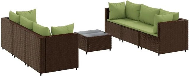vidaXL 7-tlg. Garten-Lounge-Set in L-Form aus Poly-Rattan und pulverbeschichtetem Stahl, Braun/Grün mit Kissen und Couchtisch - Bild 1
