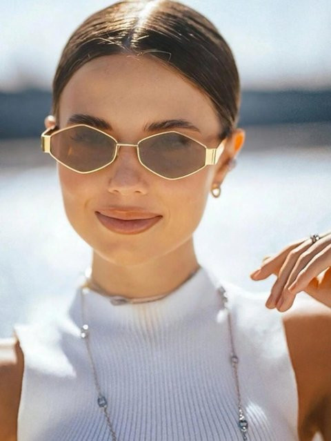 ANENJERY Brille, hexagonal, Vollrand, Metall, beige, Damen - Bild 1