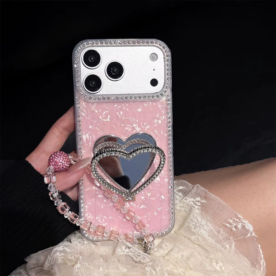 Handyhülle mit Herz-Spiegel und Diamant-Bling sowie Handgelenkschlaufe für iPhone Modelle in Weiß oder Pink - Bild 2