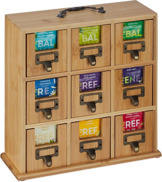 Relaxdays Teebox aus Bambus in Natur mit 9 Fächern, wandmontierbar, B/T/H: 29 x 30 x 11,5 cm - Bild 1