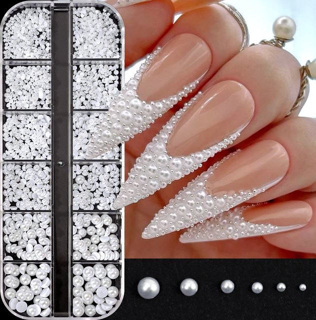 HotPress Nagel Charms, weiße Perlen und Strasssteine, 1,5–5 mm, glänzend - Bild 1