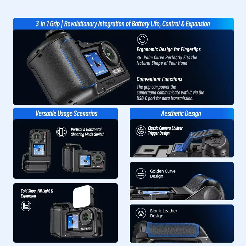 DJI Straßenfotografie Kameragriffhalter und Ladegriff für DJI OSMO Action 5 Pro, Action 4 und Action 3 in Schwarz - Bild 3