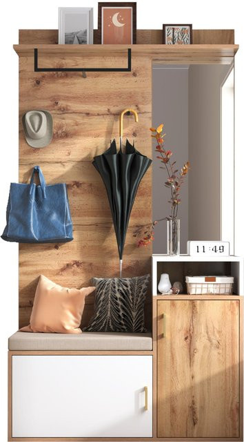 GL Store Garderoben-Set im skandinavischen Design mit Spiegel, Sitzbank, Schuhfächern und Garderobenstange, Weiß-Beige, B/T/H: 105 x 40 x 190,5 cm - Bild 1