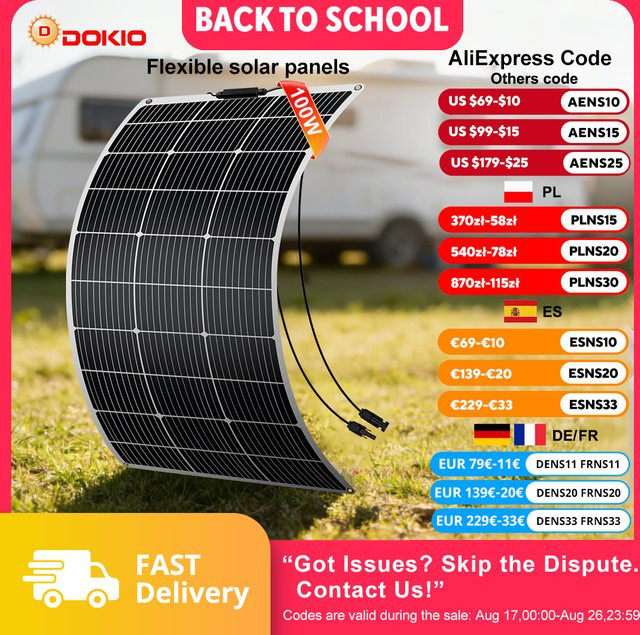 DOKIO 100W Flexibles Monokristallines Solarmodul-Set in Schwarz mit 18V und 8m Kabel als Wasserdichtes 12V Batterieladegerät für Auto, Haus und Wohnmobil - Bild 1