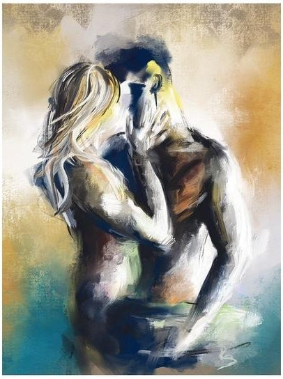 Modernes Leinwandposter April Art Museum mit abstraktem Ölgemälde eines Paares in Umarmung, Mehrfarbig, Breite: 40 cm, Höhe: 60 cm - Bild 1