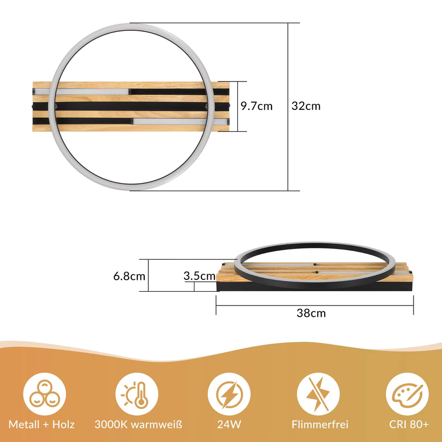 Nettlife LED Deckenleuchte in Ringform aus Holz und Schwarz, 24W, Warmweiß, Durchmesser: 38 cm - Bild 4