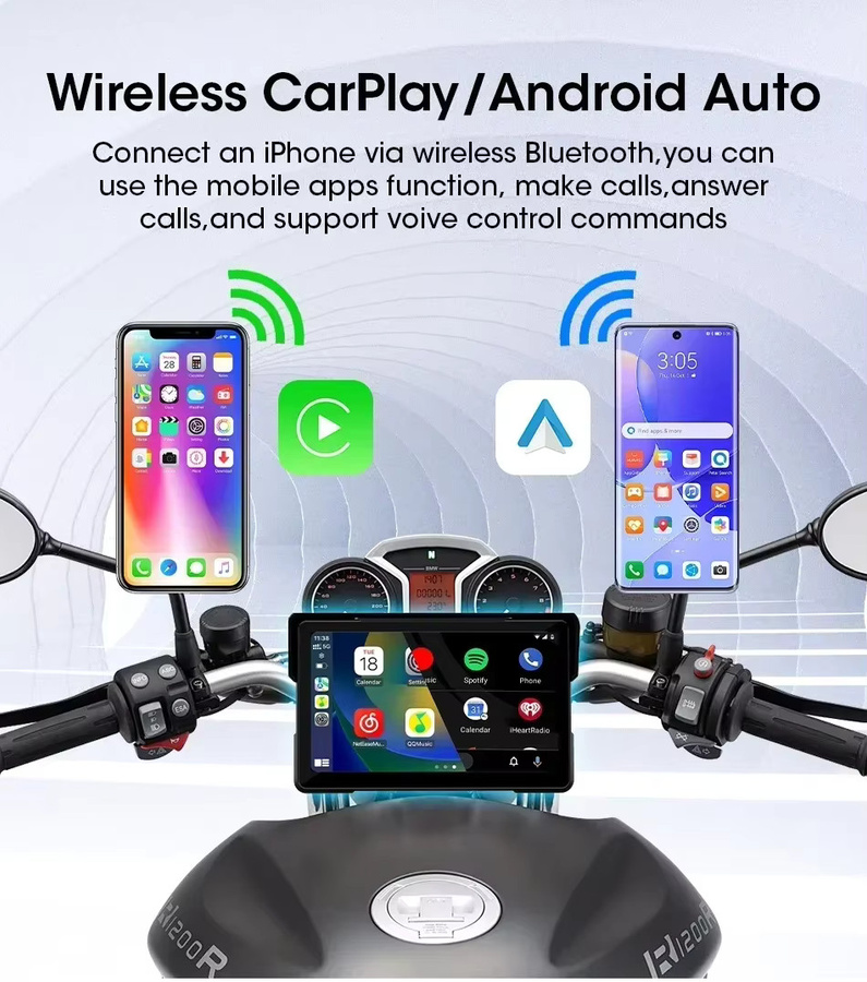 Jansite Tragbares Carplay Motorrad-Navigationsgerät mit GPS und DVR, IPX7-wasserdichtes LCD-Display für kabelloses CarPlay und Android Auto, Schwarz, 5/7 Zoll - Bild 2