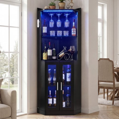 VEVOR Eckbarschrank mit LED-Beleuchtung und Glashalter in Schwarz, moderner Eckschrank mit Weinregal für Küche, Esszimmer und Wohnzimmer, B/T/H: 50 x 50 x 170 cm - Bild 1