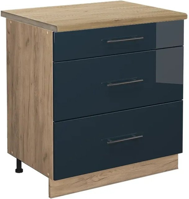 Vicco Küchenunterschrank Fame-Line Dunkelblau Hochglanz mit Eiche Arbeitsplatte und 3 Schubladen Breite: 80 cm - Bild 2