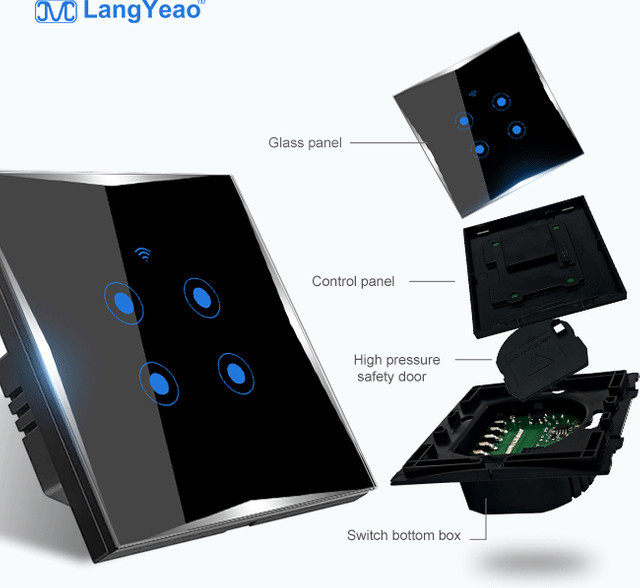 Langyeao Tuya Wifi Smart Wall Light Switch aus gehärtetem Glas in Schwarz mit Touch-Bedienung - Bild 1
