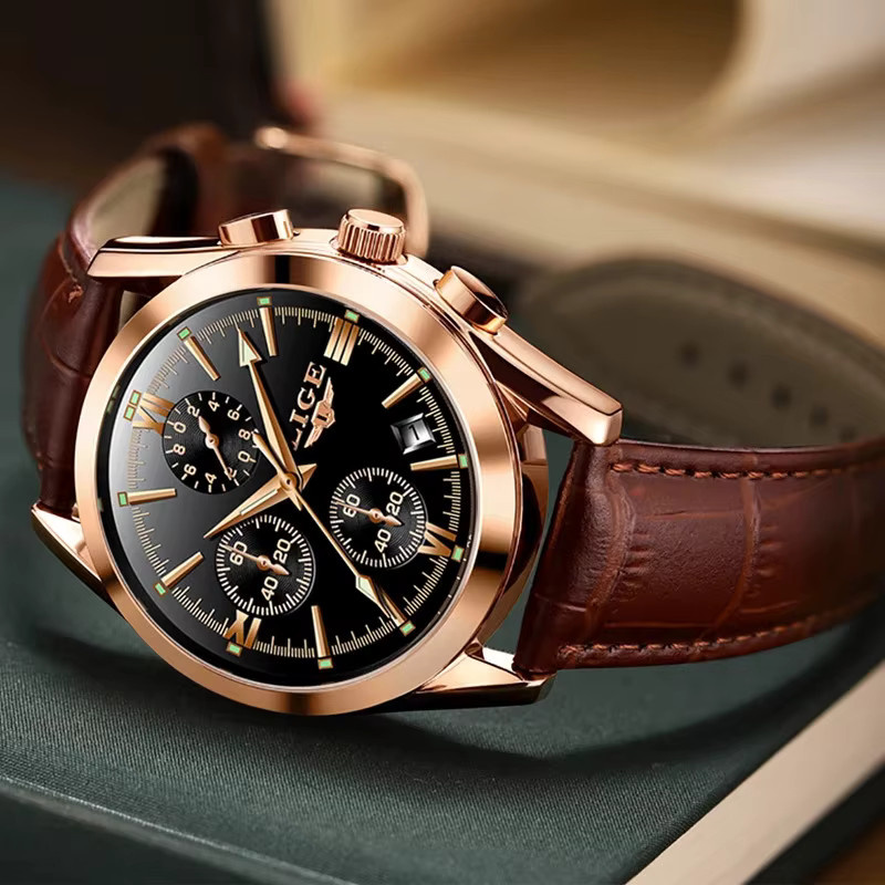 LIGE Chronograph Herren, Quarz, Leder, Schwarz, Roségold, Bicolor - Bild 2