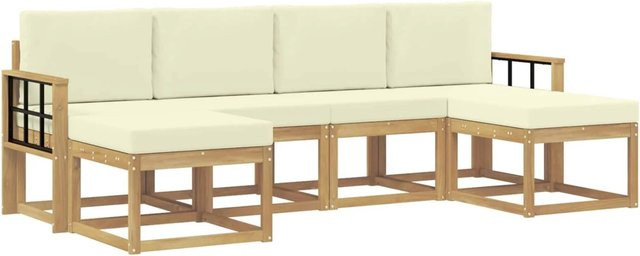 vidaXL Outdoor-Sofagarnitur 6-teilig aus Akazienholz mit Kissen in Weiß und Beige - Bild 1
