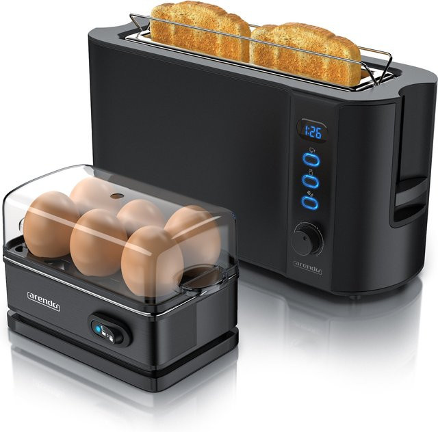 Arendo Frühstücks-Set FRUKOST mit SIXCOOK Eierkocher aus Edelstahl in Schwarz und Silber, 2-Scheiben-Toaster mit LED-Display, 6 Bräunungsgraden und Brötchenhalter - Bild 1