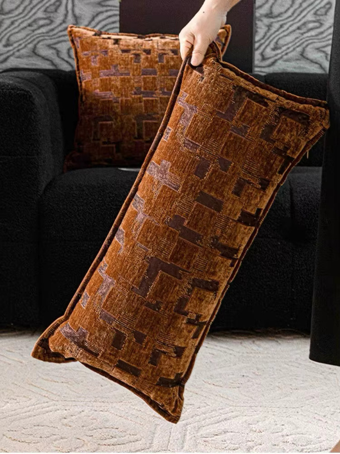 DUNXDECO Dekokissen aus Samt und Jacquard mit geometrischem Design, Farbe: Rot und Braun, B/T/H: 30 x 30 cm - Bild 3