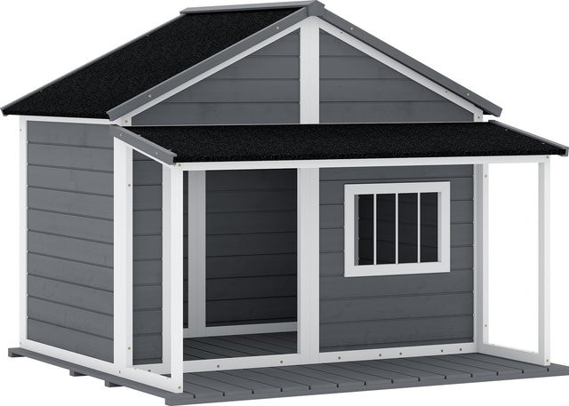 PawHut Hundehütte aus Massivholz mit Asphaltdach in Grau, wetterfeste wetterfeste Hundehütte für draußen, B/T/H: 124 x 112 x 105 cm, Aosom - Bild 1