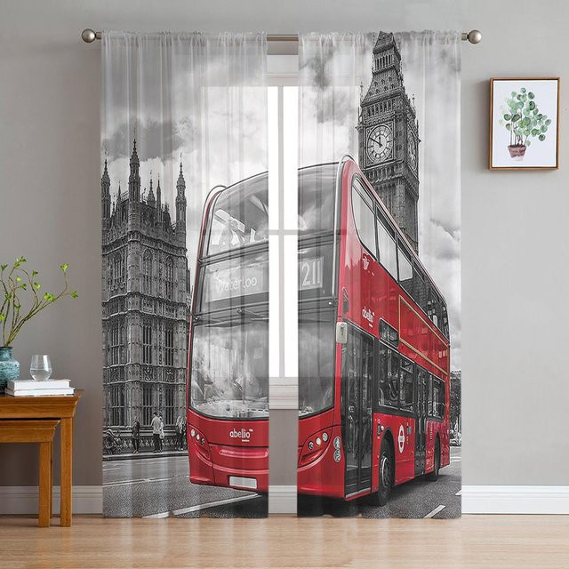 London Street Transparente Vorhänge mit Roter Bus und Big Ben Motiv aus Tüll, Voile und Organza, B: 135 cm, H: 115 cm - Bild 1