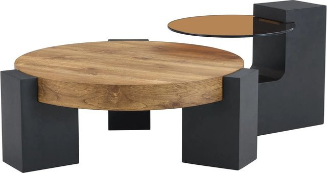 okwish Beistelltisch mit zwei Ebenen und Glasplatte in Schwarz mit Marmoroptik, rund, B/T/H: 78 x 75 x 34 cm - Bild 1