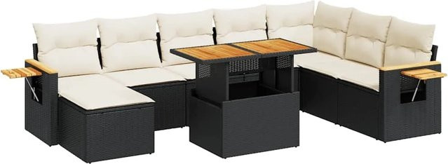 vidaXL 9-teilige Garten-Sofagarnitur in U-Form aus Poly-Rattan und Akazienholz mit Kissen in Schwarz-Creme - Bild 1