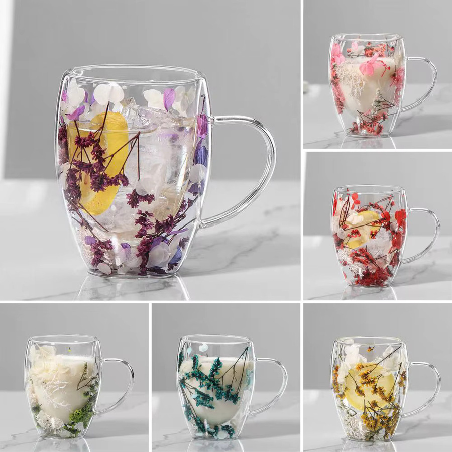BLUELANS Doppelwandige Glas-Kaffeetasse mit Trockenblumen, Isolierter Glasbecher mit Griff, Transparent, 350 ml - Bild 2