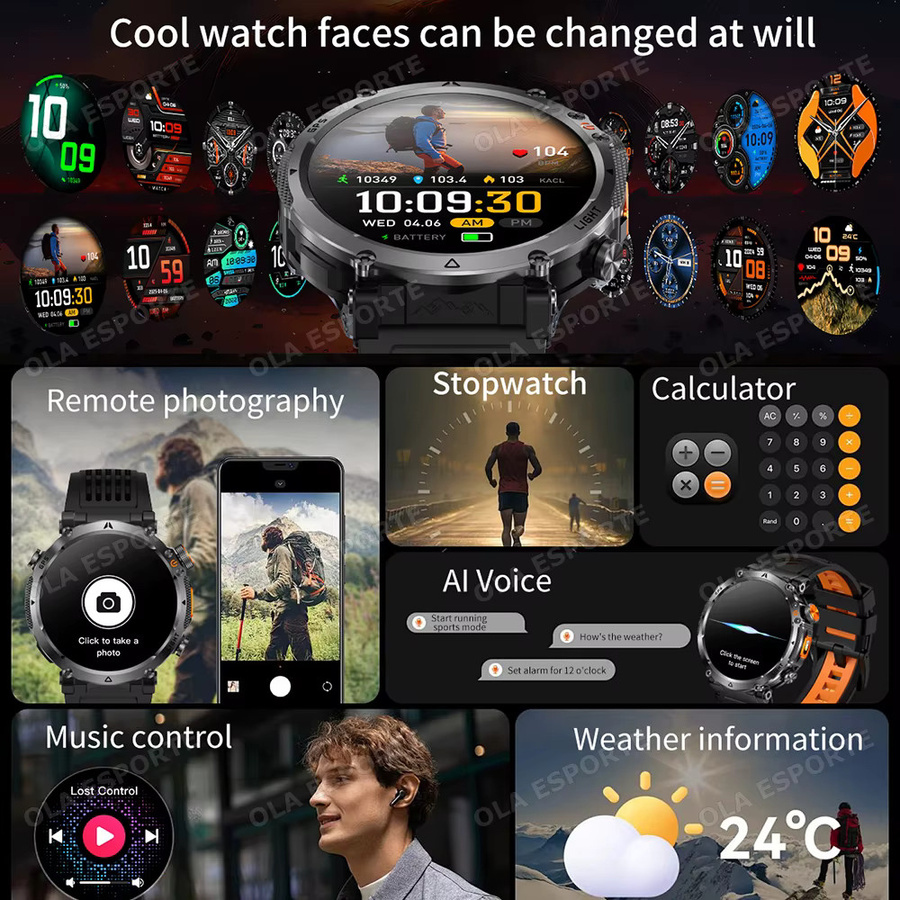 Ola Esporte Herren Smartwatch für Outdoor und Militär mit 1,7 Zoll HD-Display, Bluetooth-Anruffunktion, 1000mAh Akku und 3ATM Wasserdichtigkeit in Schwarz oder Blau - Bild 3