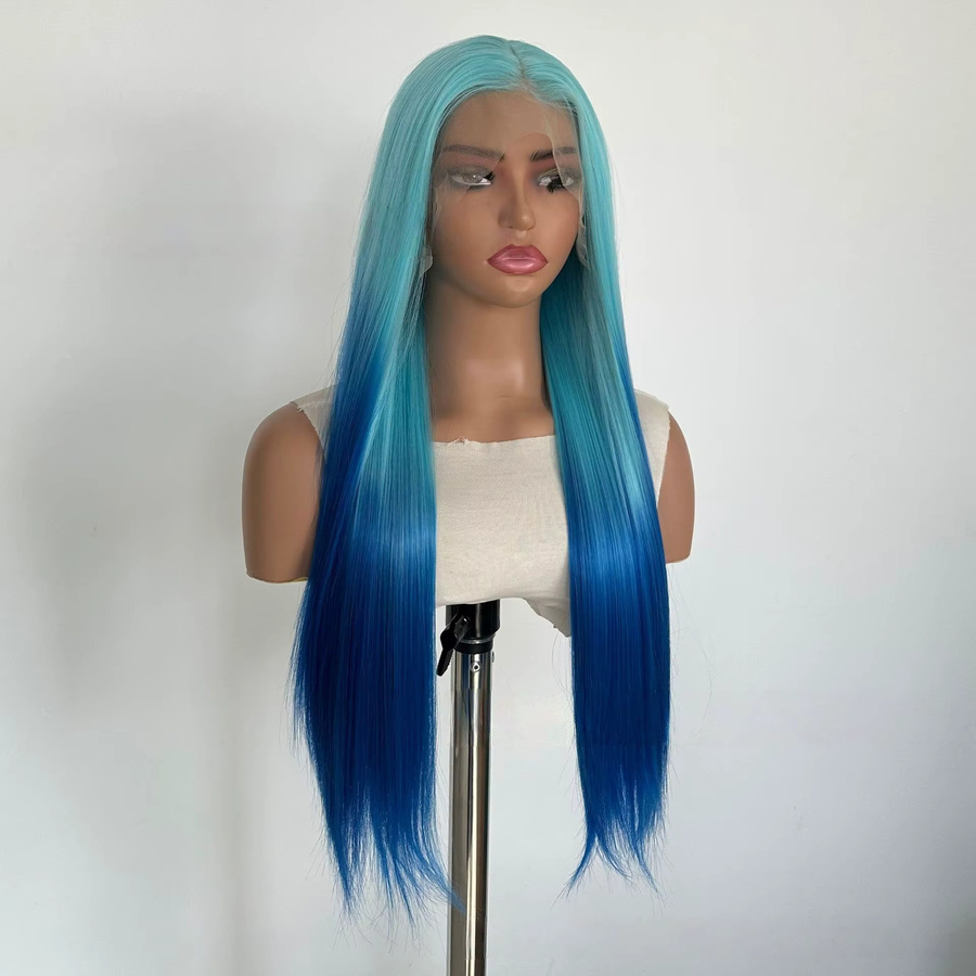 Lace-Front-Perücke, langes glattes Haar, tiefblau, Kunstfaser - Bild 2