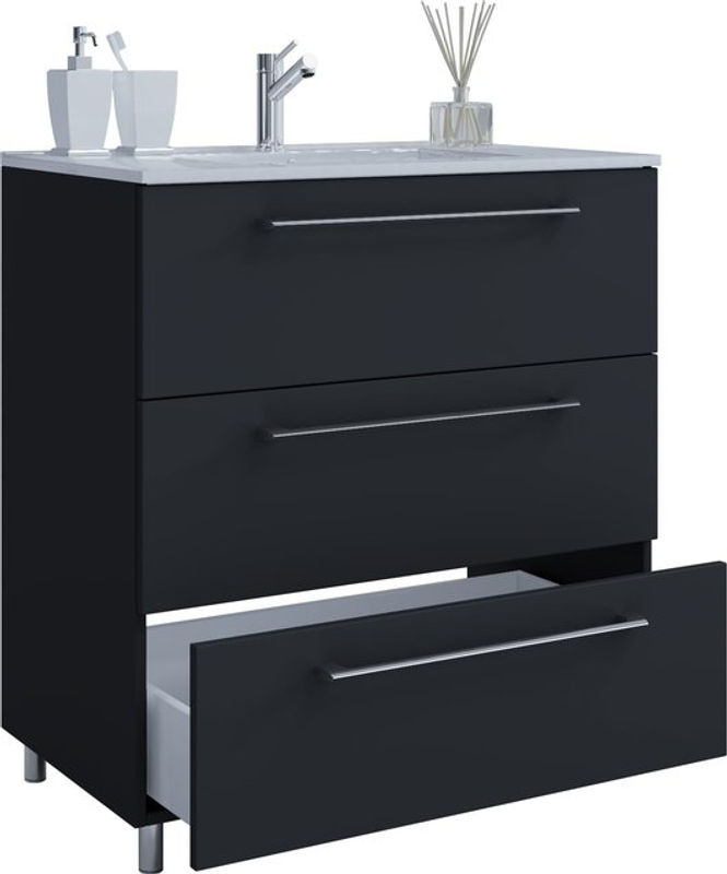 VCM Badmöbel Set Badinos 2-tlg. Waschplatz mit Keramik-Waschtisch und Unterschrank mit 3 Schubladen, Schwarz matt, Breite: 60 cm - Bild 2