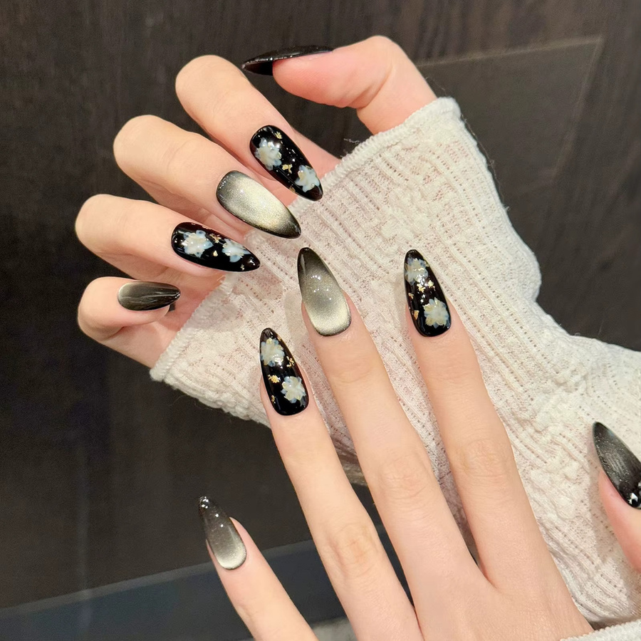 YADORNOS Kunstnägel, Katzenaugen-Design mit Goldfolien-Blumen, 10 Stück, glänzend - Bild 3