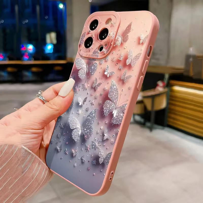 Stoßfeste Silikon-Handyhülle mit Schmetterlings- und Blumenmuster für iPhone 16 15 14 Pro Max 13 12 11 XS X XR 7 8 Plus in Multicolour, matt und weich - Bild 3