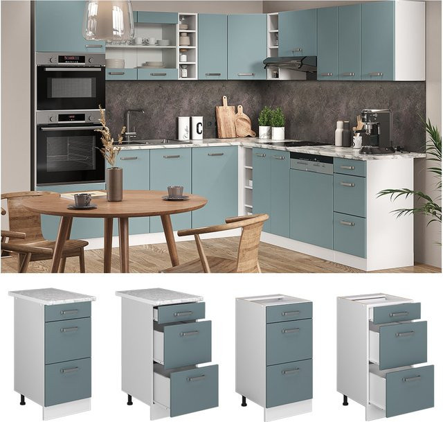 Vicco Küchenunterschrank R-Line mit Schubladen in Blau-Grau und Weiß mit Marmor Arbeitsplatte Breite: 40 cm - Bild 3