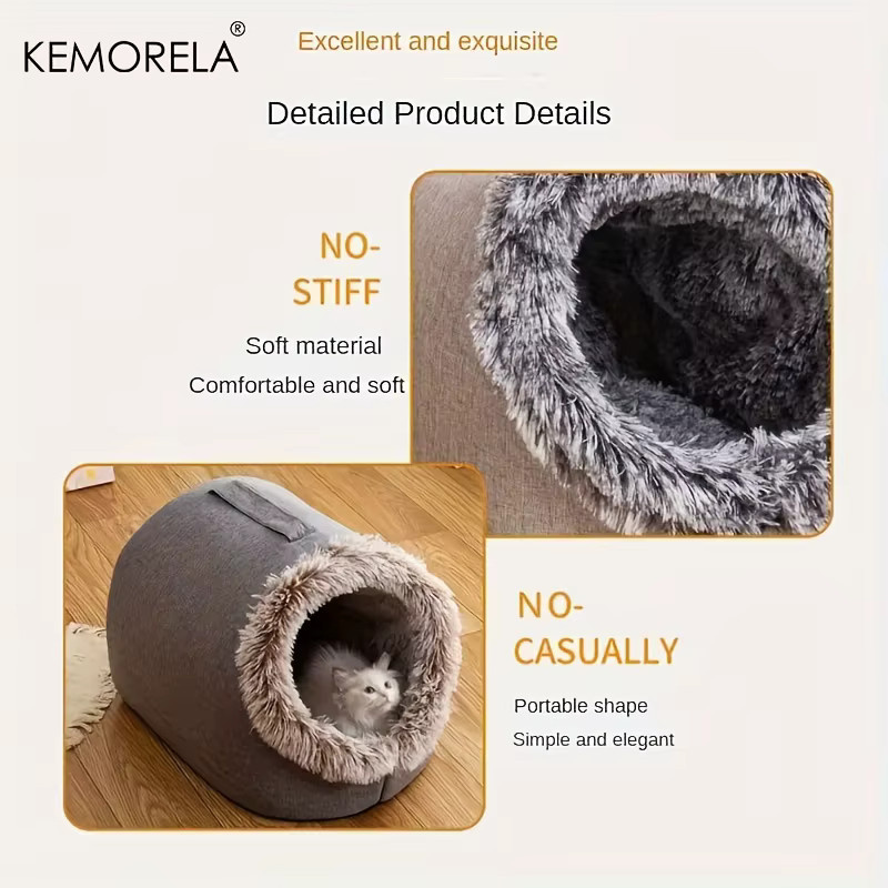 KEMORELA Selbstwärmendes Katzenbett als gemütliche Schlafhöhle für kleine und mittelgroße Katzen, Textil, Braun und Grau - Bild 4