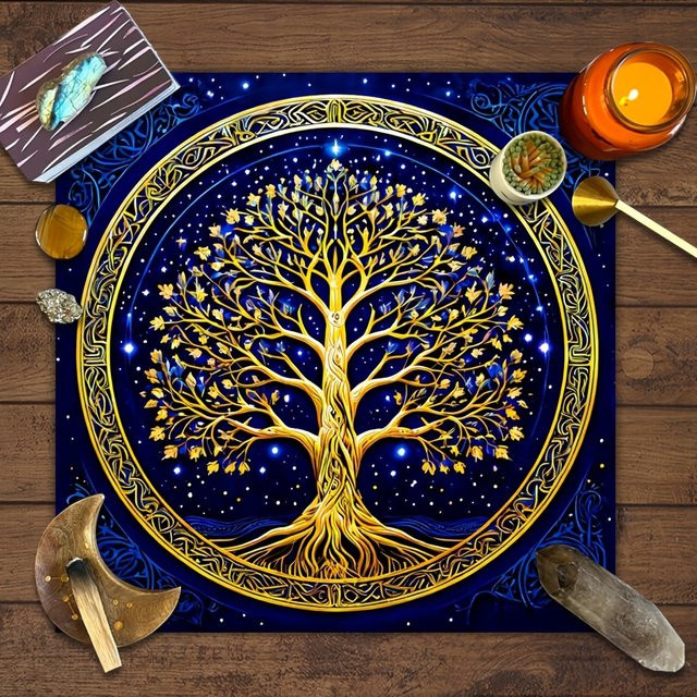VIKAMA Tischdecke Tree of Life Sternennacht in Dunkelblau mit goldenem Baum des Lebens, wasserfest und schmutzabweisend - Bild 1