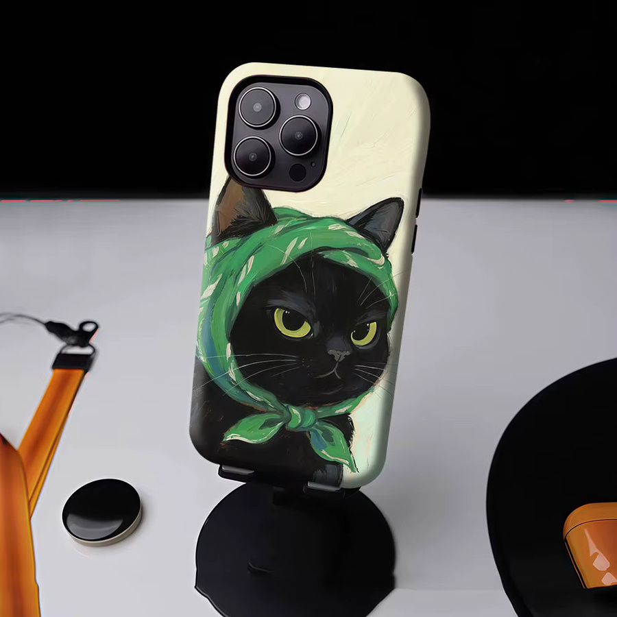 Aurbe 2-in-1 MagSafe Hülle mit Film für iPhone 17 16 15 Plus Pro Max, stoßfeste Hartschale, Design Schwarze Katze mit grünem Kopftuch - Bild 4