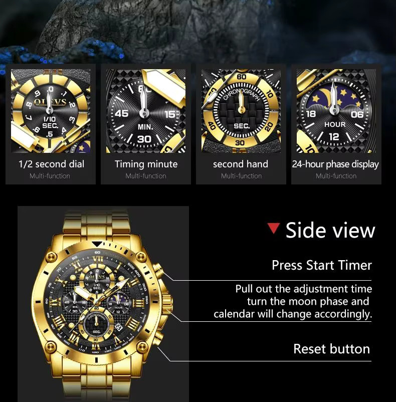 OLEVS Armbanduhr, Quarz, Edelstahl, Gold, Blau, Herren - Bild 5