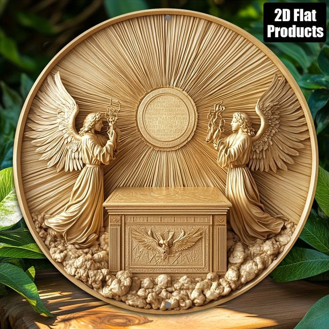 Rundes Metallschild Engel-Schatztruhe von CIFBUY in Gold, Wanddekoration aus Aluminium, Durchmesser: 20,32 cm - Bild 1