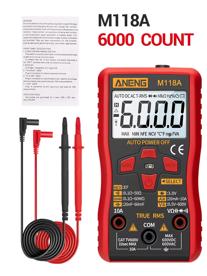 ANENG M118A Digitaler Mini-Multimeter-Tester mit True RMS, NCV-Funktion und Datenspeicherung, 6000 Zählungen, Farbe: Rot - Bild 5