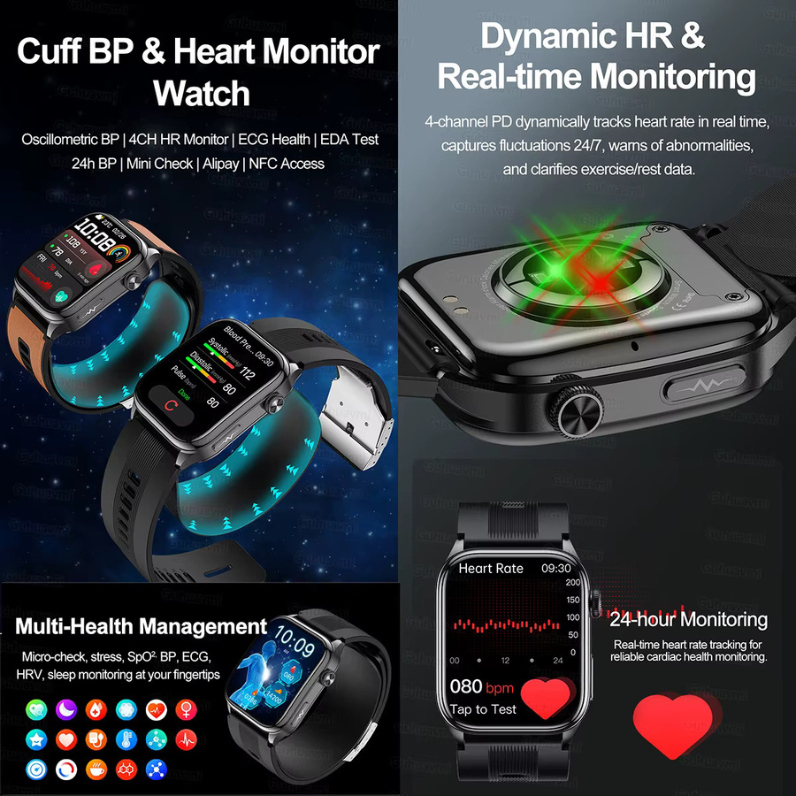 KAVSUMI Smartwatch mit integrierter Luftpumpe und Airbag, Schwarz, mit EKG, PPG, Blutsauerstoff-, Harnsäure- und Blutdruckmessung, Saphirglas und NFC - Bild 2