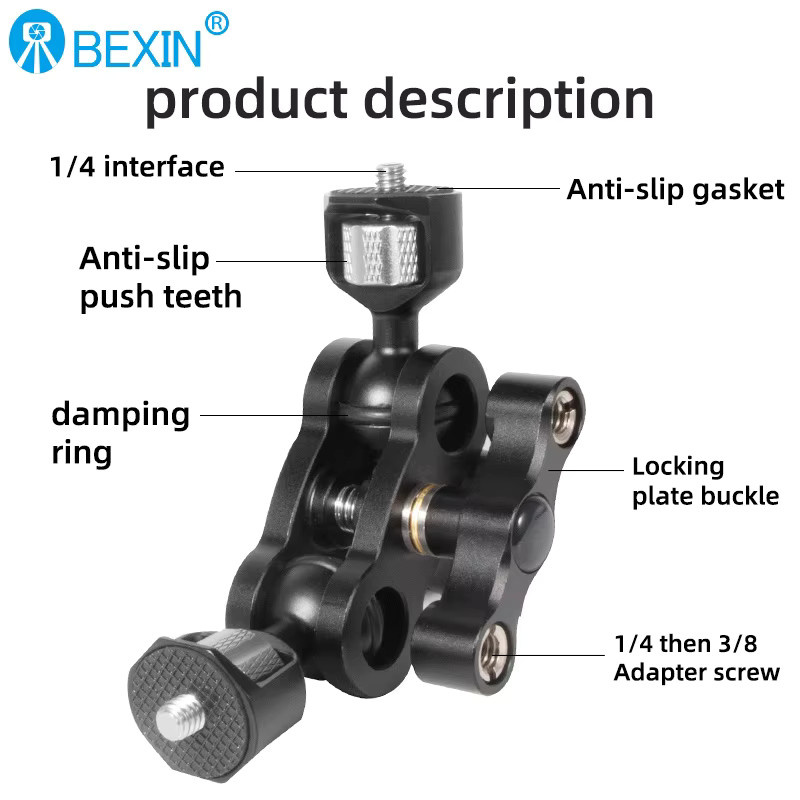 BEXIN TM-5 Gelenkiger magischer Arm mit Dual-Kugelkopf in Schwarz für Stativ-Telefonclip, LED-Licht, LCD-Monitor und Mikrofon mit 1/4 Zoll Schraube - Bild 2