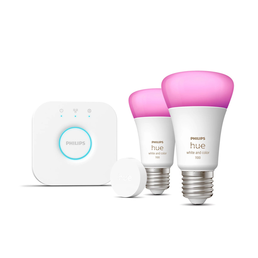 Philips Hue White & Color Ambiance Starter-Set mit 2 smarten E27 LED-Lampen (1100 Lumen, Multicolour) und Hue Smart Button - Bild 1