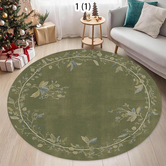 Rouxin eight Runder Teppich mit Vintage-Blumenmuster in Grün und Grau, rutschfest und waschbar, Durchmesser: 80 cm - Bild 1