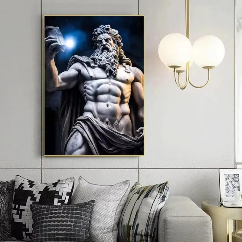 Minimalistisches Leinwandgemälde Zeus-Skulptur von Potdemiel in Schwarz-Weiß als Wandkunst im Porträtformat - Bild 2