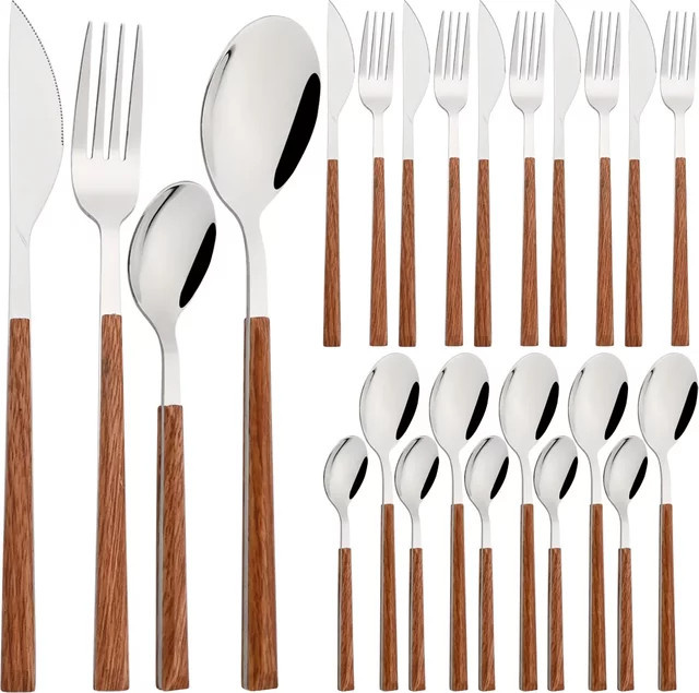 Zoseil Besteckset aus Edelstahl mit Holzgriff-Optik in Braun und Silber, bestehend aus Messern, Gabeln und Löffeln - Bild 1