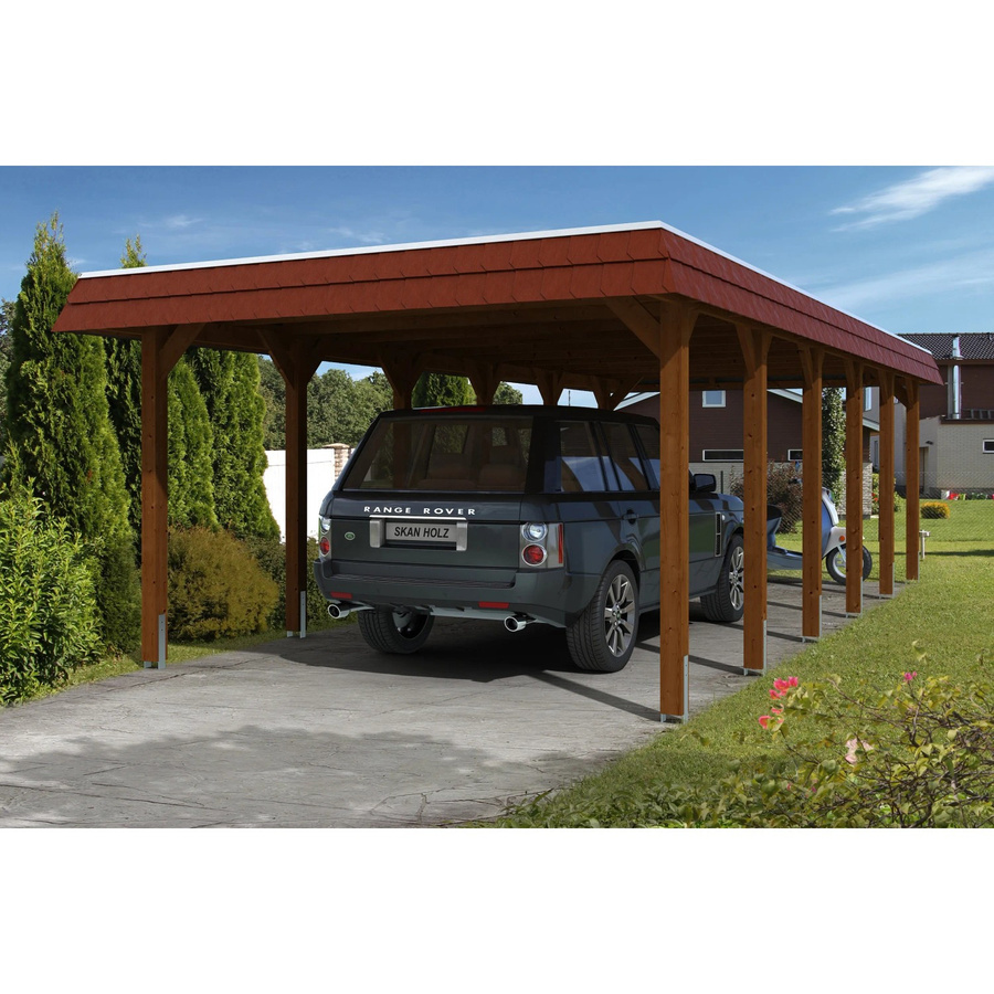 Skan Holz Carport Spreewald aus Nadelholz mit roter Blende in Nussbaum, B/T: 893 x 396 cm - Bild 2