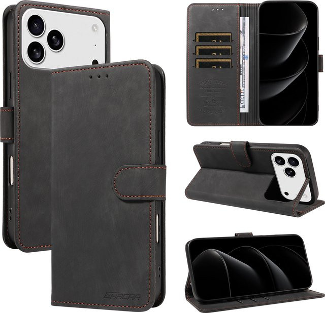 EAACAA TPU-Leder-Handyhülle für iPhone mit Kartensteckplatz, Ständer und Brieftaschenfunktion, stoßfest, Farben: Pink und Schwarz - Bild 1