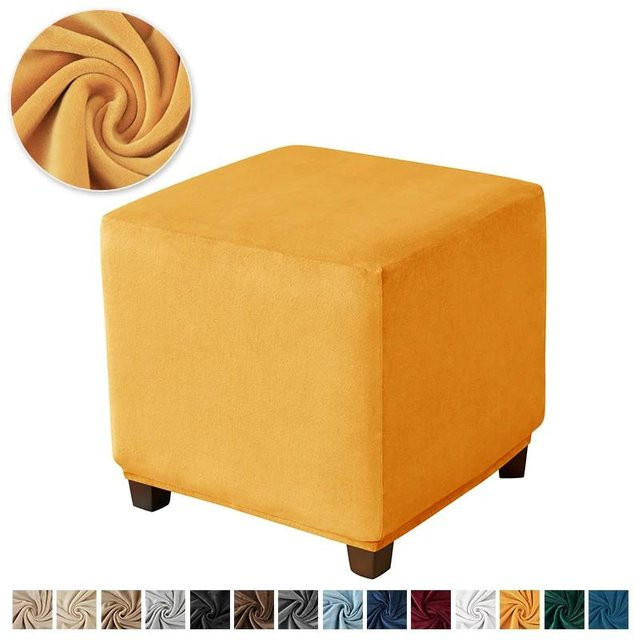 Yiran Furniture Ottomanenbezug aus Stretch-Samt in Gelb, Waschbarer Hockerbezug für quadratische Hocker - Bild 1