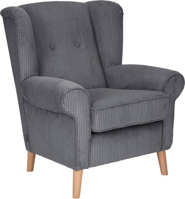 Max Winzer Ohrensessel Anton Lounge Sessel in Grau mit gestreiftem Stoff und Buchenholzgestell B/T/H: 99,0 x 88,0 x 94,0 cm - Bild 1