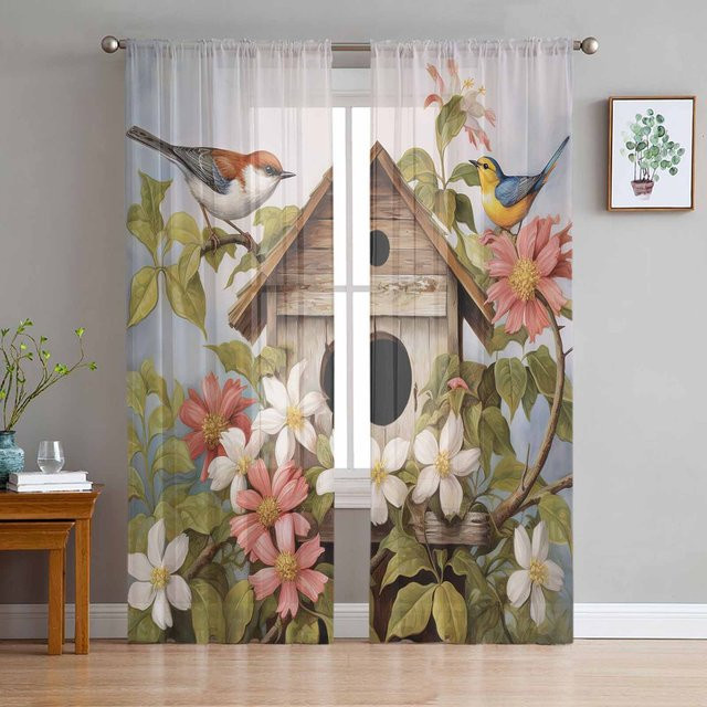 Transparente Tüll-Vorhänge mit floralem Vogelhaus-Design in Grau, Breite: 135 cm, Höhe: 115 cm - Bild 1