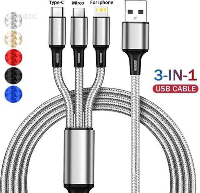 KADIXI 3-in-1 USB-Ladekabel mit USB-C, Micro-USB und iOS Anschlüssen in Rot aus Nylon-Geflecht - Bild 1